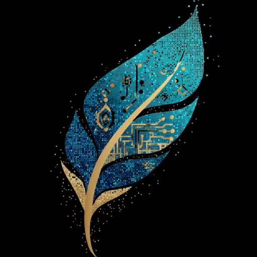 Blue and gold feather with circuit nodes symbolizing technology and spirituality for Conscious Wisdom Tech
