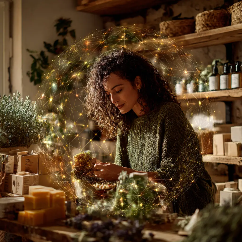 Woman in a green sweater preparing herbal products in a rustic workspace, surrounded by glowing network-like lights symbolizing conscious innovation.