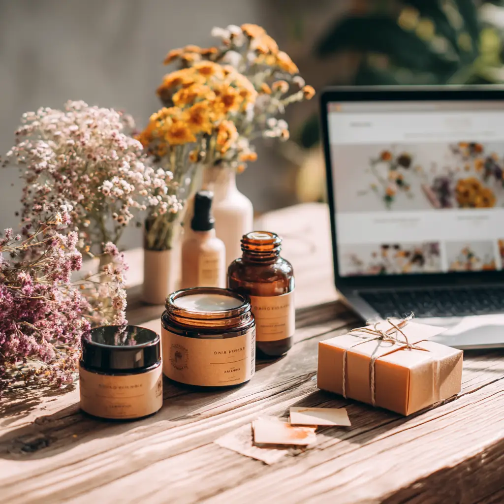 Jars, bottles, and gift-wrapped natural skincare products on a wooden table, with a laptop open in the background displaying a floral design.