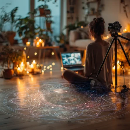 Woman sitting cross-legged in a candlelit room, laptop open, with a mandala-like digital pattern on the floor symbolizing creativity and conscious technology.