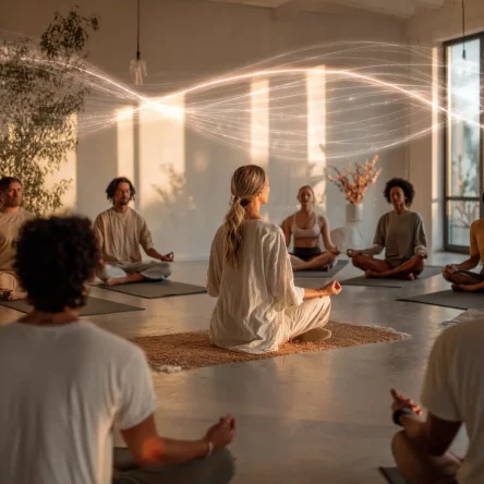 Group of people in a meditation session with soft golden energy waves flowing across the room, symbolizing compassion and mindful connection.